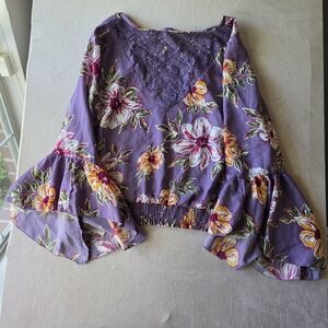 Floral Purple Blouse with Bell Sleeves